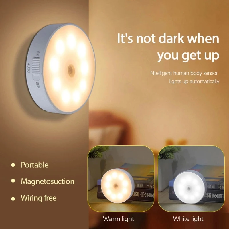 PIR Motion Sensor LED Night Light USB Rechargeable Night Lamp For Kitchen Cabinet Wardrobe Lamp Staircase Wireless Closet Light portable night light