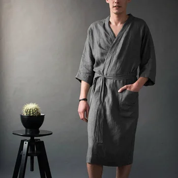 

Bathrobe Men's V-Neck Long Belt Pocket Solid Linen Plus Size Casual Nightgown Sleepwear Nightwear