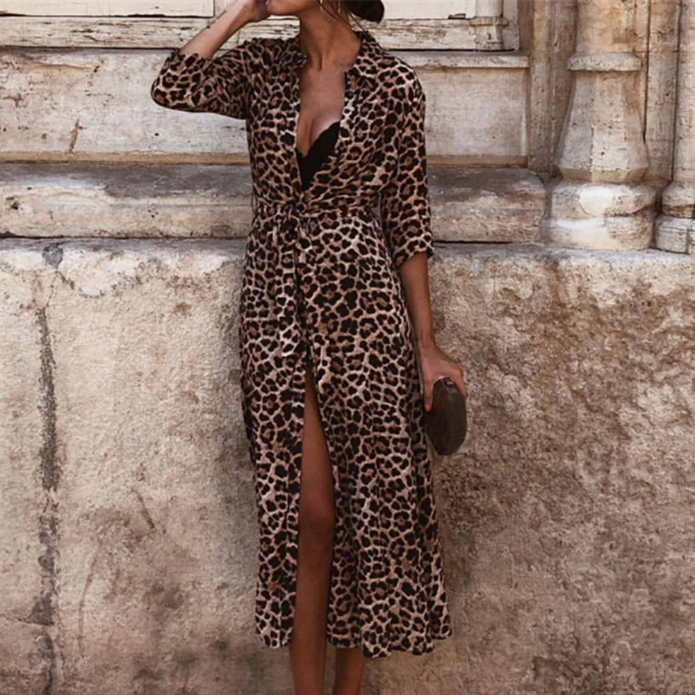 Summer Autumn Long Dresses Women Leopard Beachwear Lightweight Beach Chiffon Dress Casual Long Sleeve V Neck Elegant Party Dress