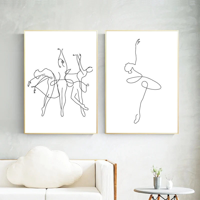 Ballerina Print One Line Drawing Art Painting Black White Artwork Picture Dance Poster Girl Room Wall Decor|Painting & - AliExpress