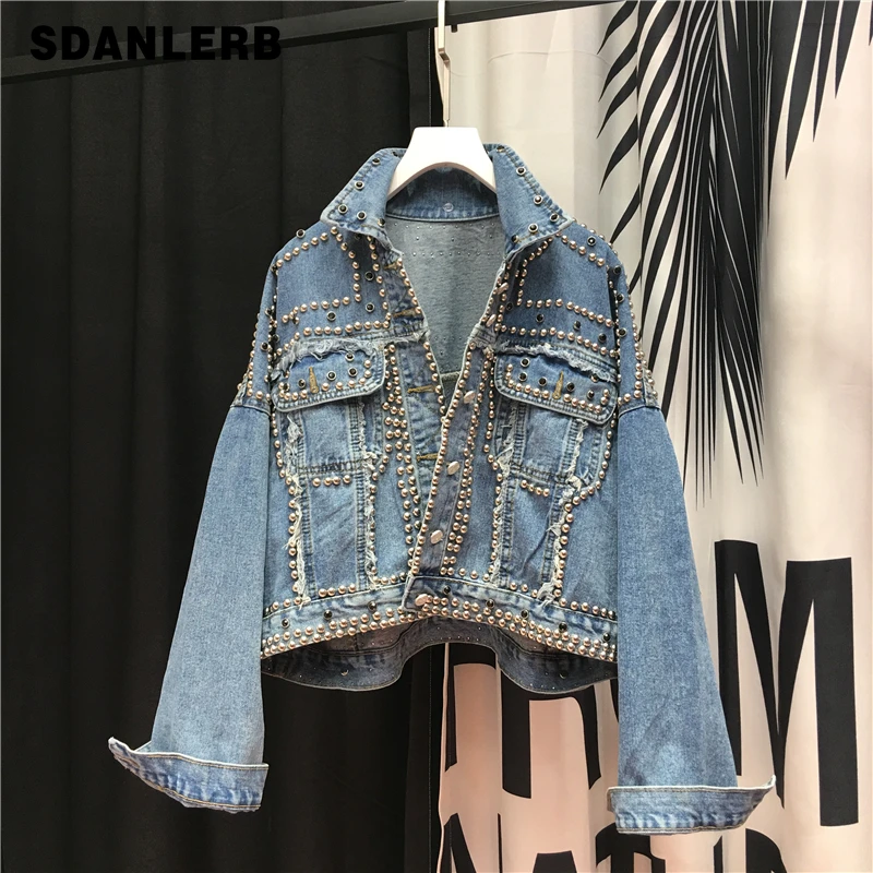 Diamant Kralen Denim Jas Vrouwen Retro Loose-Fit Cropped Denim Jas Vrouwen Lente Herfst Nieuwe Jean Jas Jas blauw Femme Diamant Kralen Denim Jas Vrouwen Retro Loose-Fit Cropped Denim Jas Vrouwen Lente Herfst Nieuwe Jean Jas Jas blauw Femme