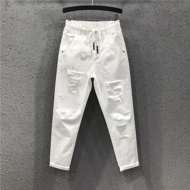 Spring and Summer New Large Size White Jeans Women Loose Wild Casual Nine Points Casual Harlan Daddy Pants Mother Jeans lxunyi high waist jeans women 2022 spring women s loose harlan pants straight loose radish daddy denim pants washing trousers
