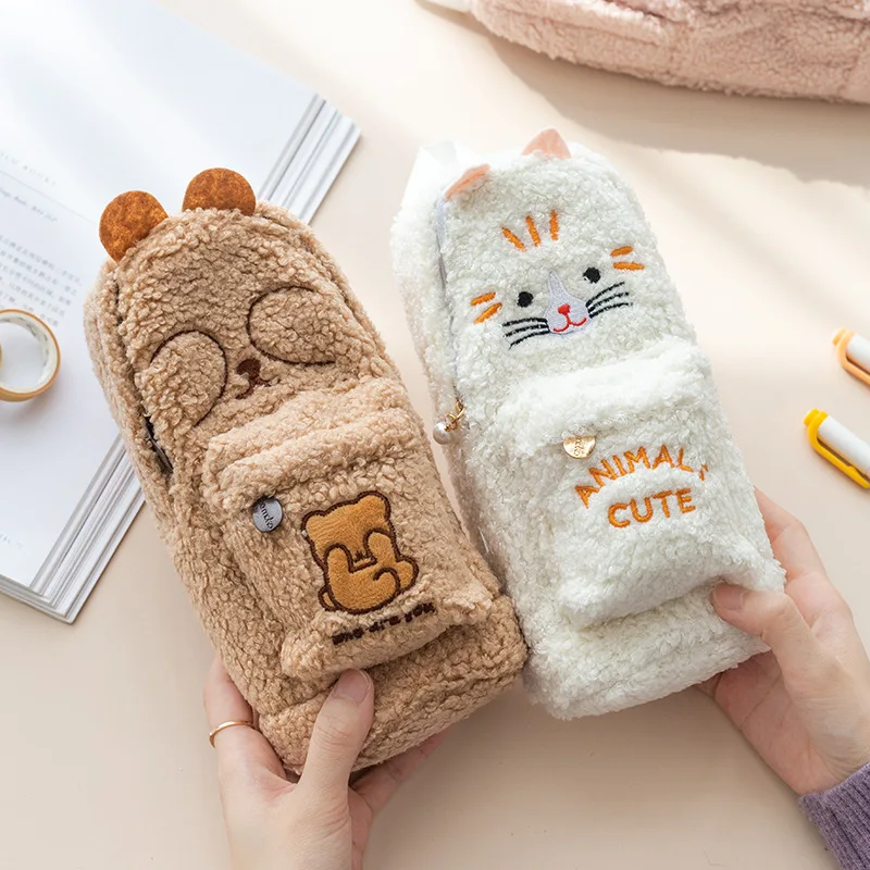 Bonito animal kawaii coelho gato de pelúcia grande capacidade saco de lápis organizador de mesa sacos de armazenamento crianças caneta caso de papelaria escolar casos