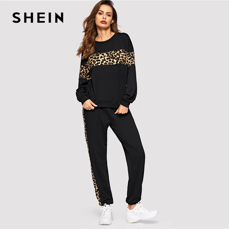 SHEIN Pullover con pannello leopardato nero donna o-collo Athleisure felpa  e pantaloni della tuta Set autunno donna Casual Set due pezzi - AliExpress  Women's Clothing
