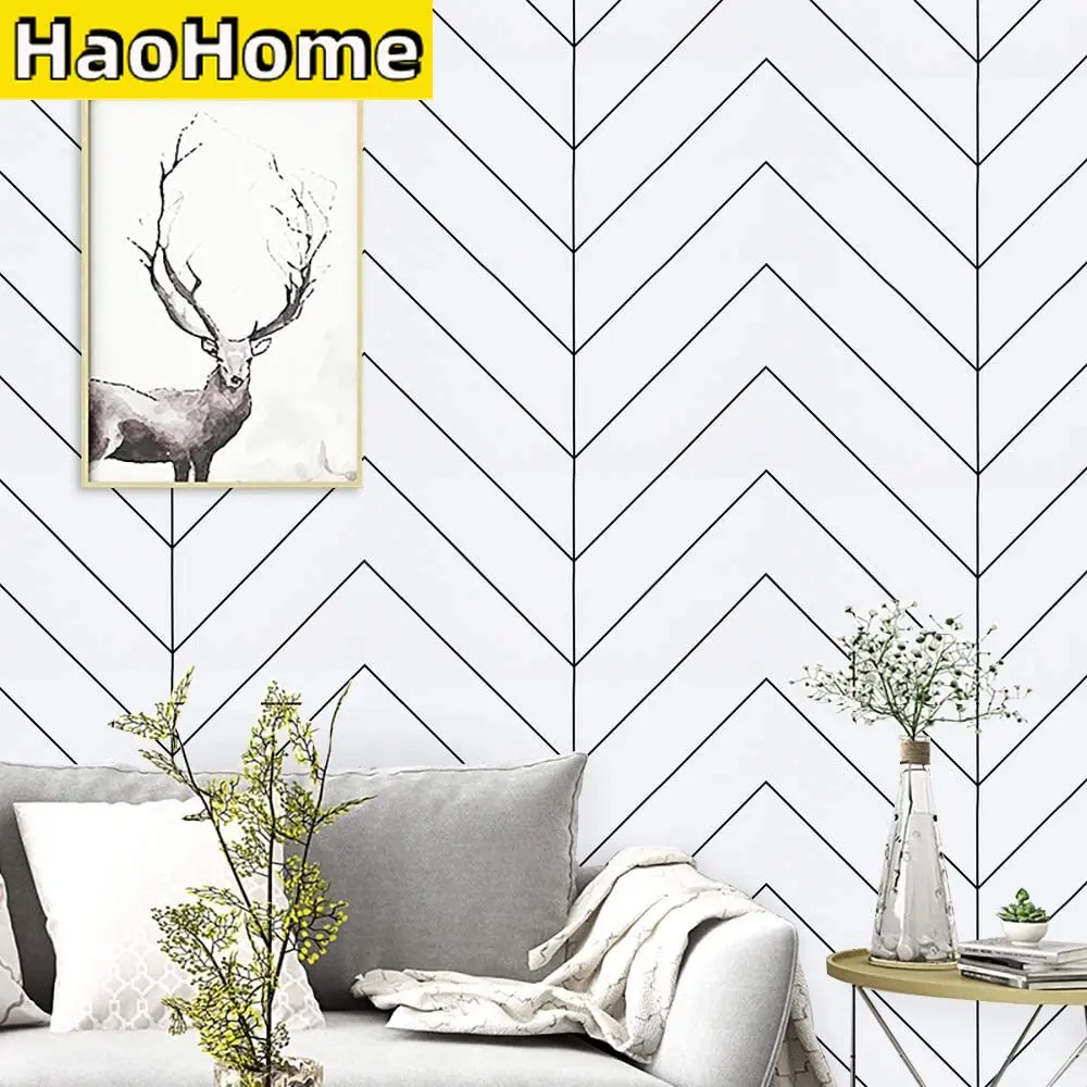 HaoHome-흰색과 검은 색 기하학적 접촉 종이 검은 색 줄무늬 껍질과 스틱 벽지, 현대 이동식 자체 접착 벽 종이