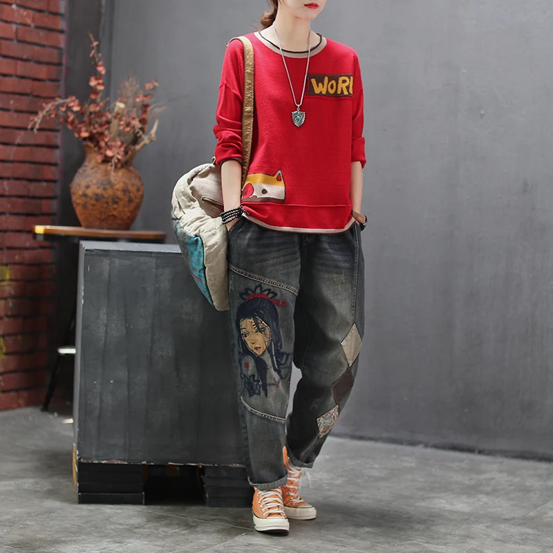 New style jeans for women Embroidery Patchwork Elastic waist trousers female Vintage retro denim jeans with pocket Z4