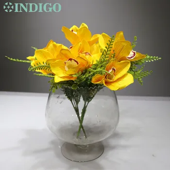 

INDIGO -Wholesale 100pcs 5 Heads Yellow Cymbidium Bouquet Wedding Decoration Artificial Flower Floral Event Party Free Shipping