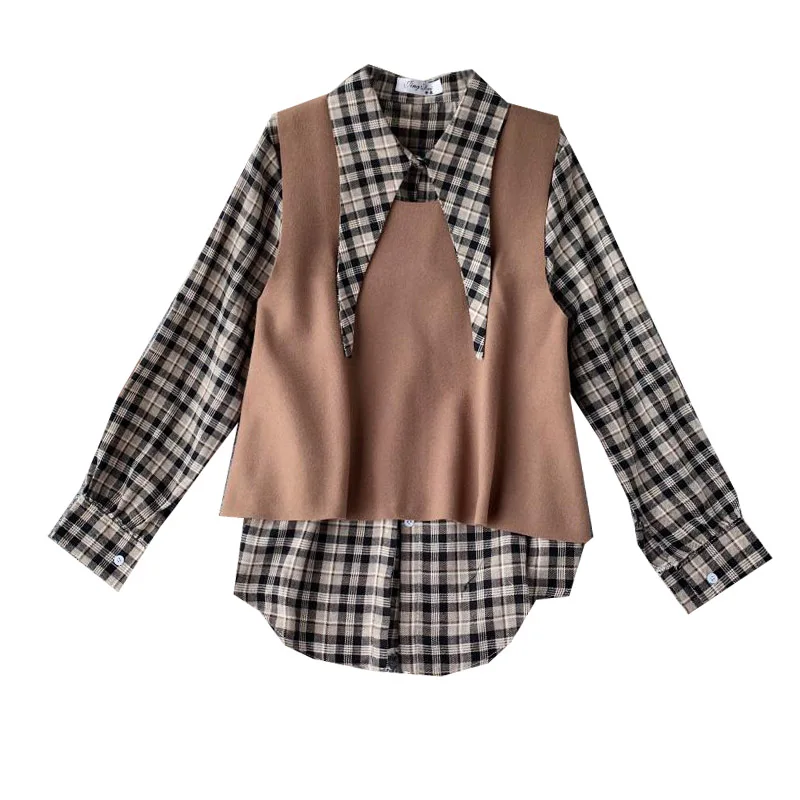 Korean Women Autumn Sweater Vest + Turn-down Collar Casual Plaid Shirt Blouse Sets 2 Piece Outfits for Fashion Clothes Set |