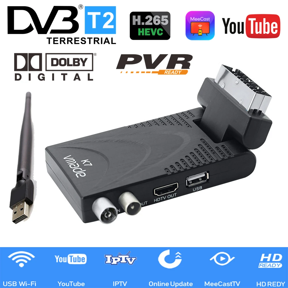 DVB T2 K7 с USB WIFI ТВ-приемником рецептор H.265 hevc ТВ-тюнер Поддержка MeeCast youtube декодер