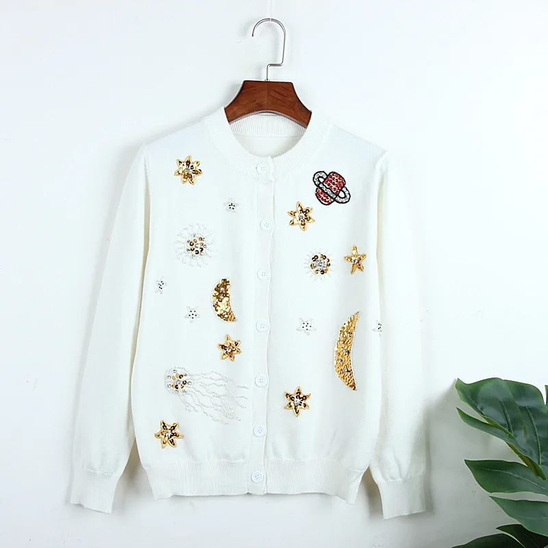 Осень тяжелый женские полусапожки из Бисер только луна и звезды блестками свободный кардиган свитер женский вязаный Топ