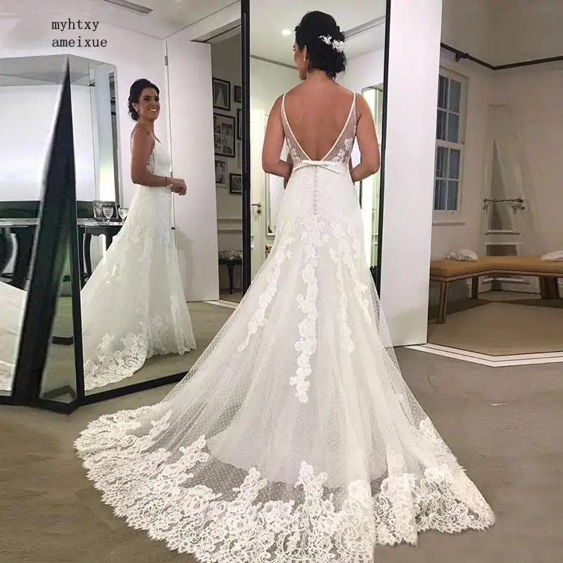Платье Русалка на бретельках свадебное платье Robe De Mariee кружевное свадебное платье с v-образным вырезом сексуальное платье с открытой спиной размера плюс