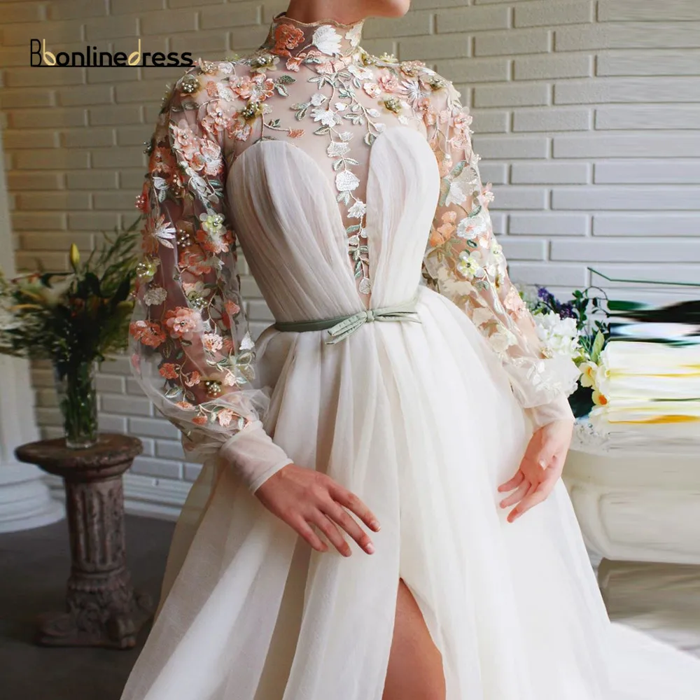 Bbonlinedress элегантное вечернее платье с кружевной аппликацией, длинное вечернее платье с высоким воротником и длинными рукавами, вечернее платье с высоким разрезом