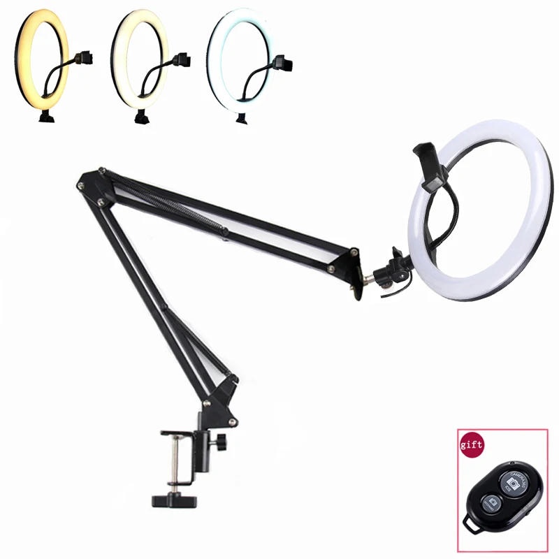  Photography Phone 26cm LED Ring Light Makeup Selfie Suspension Arm Stand Clip Holder Shooting Table