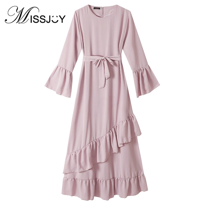 

2019 Turkish Abaya Women Dress Long Flare Sleeves Ruffle Solid Color Patchwork Muslim Casual Sashes Elegant Pink Party