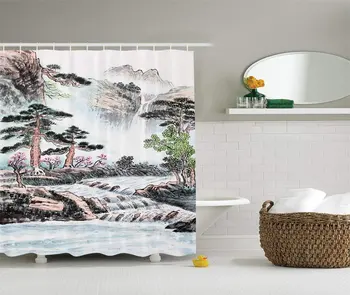 

Art Shower Curtain, Mountain and River Painting Effect Pine Trees Floral Design Pencil Drawing Print, Cloth Fabric Bathroom