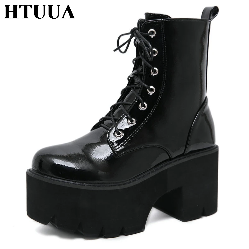 HTUUA/пикантные женские ботильоны на не сужающемся книзу массивном каблуке и на молнии; обувь на платформе в стиле панк готик; сезон осень-зима; черные кожаные ботинки; женская обувь; SX3319