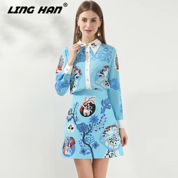 

LINGHAN Fashion Print Set Women Long sleeve Turn-down Collar Shirt Tops +Sexy Beaded Mini Skirt Two-piece set Designer New
