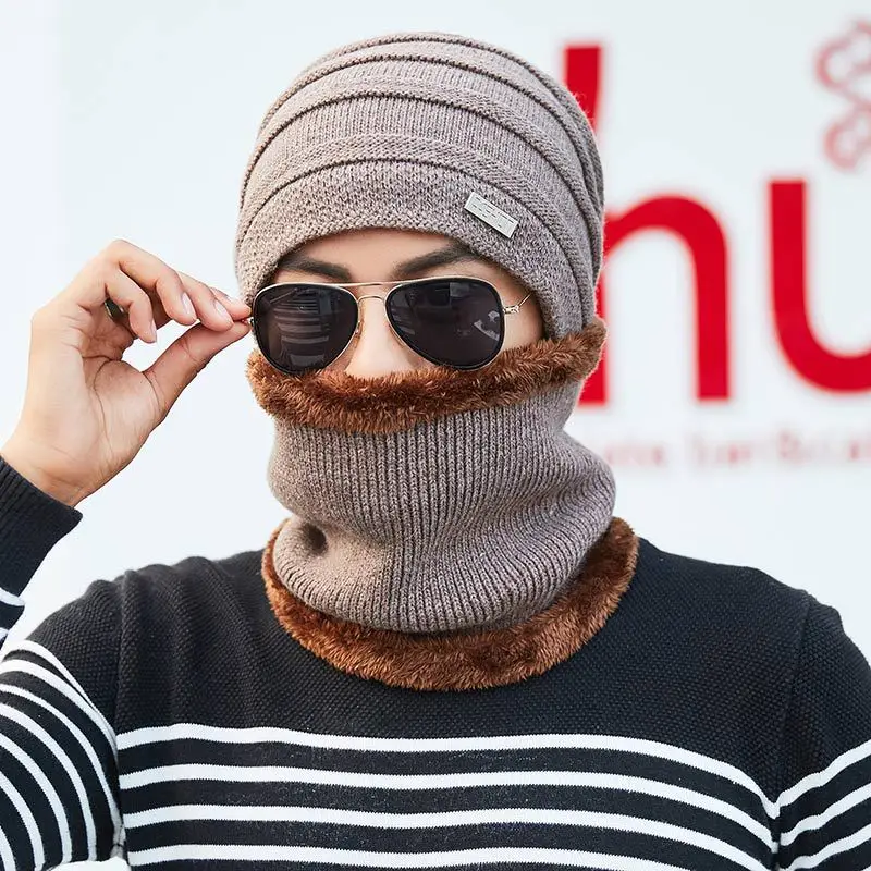 Модная зимняя шапка шарф набор для мужчин утолщенная шерсть Skullies Beains зимнее теплое кольцо для Шляпы шарф женские шапки Мужские высокое качество
