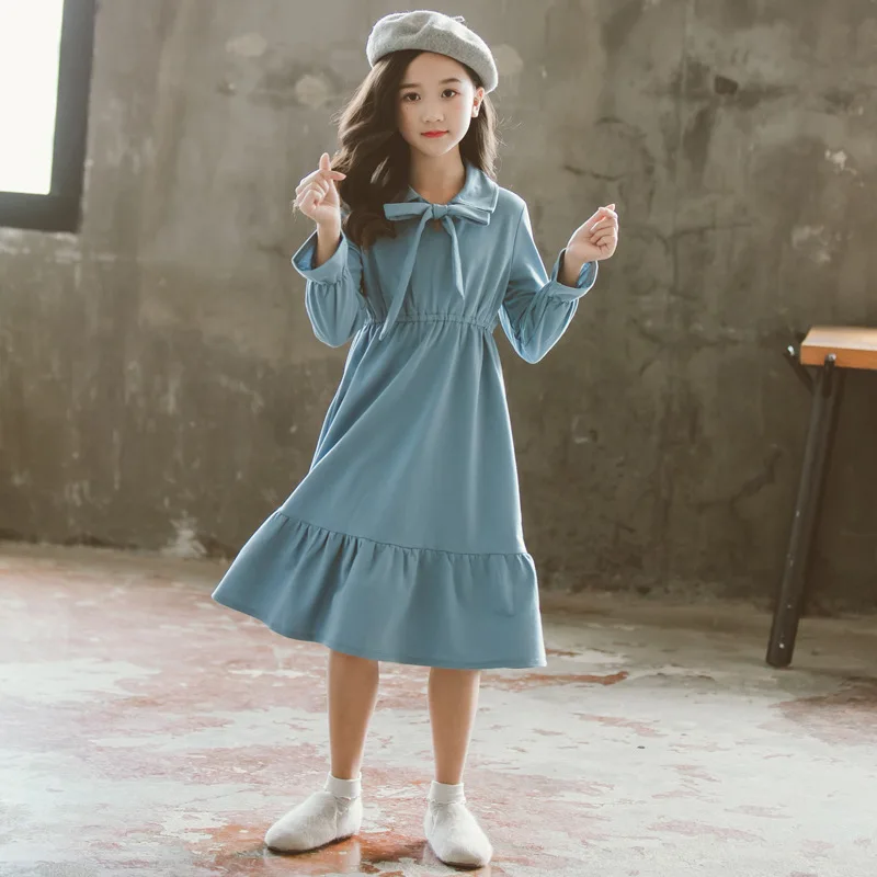 

Korean-style Girls Dress Autumn 2019 Solid Color Fold-down Collar Bow High-waisted Slimming Casual Princess Skirt Dress 6811