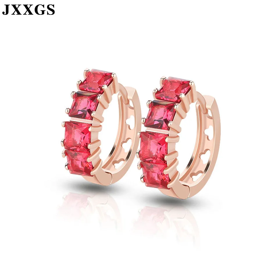 

JXXGS Women Hoop Earrings Fashion Rose Gold Color Round Circle Red Stone Earrings For Women Accessories Jewelry Female Earrings