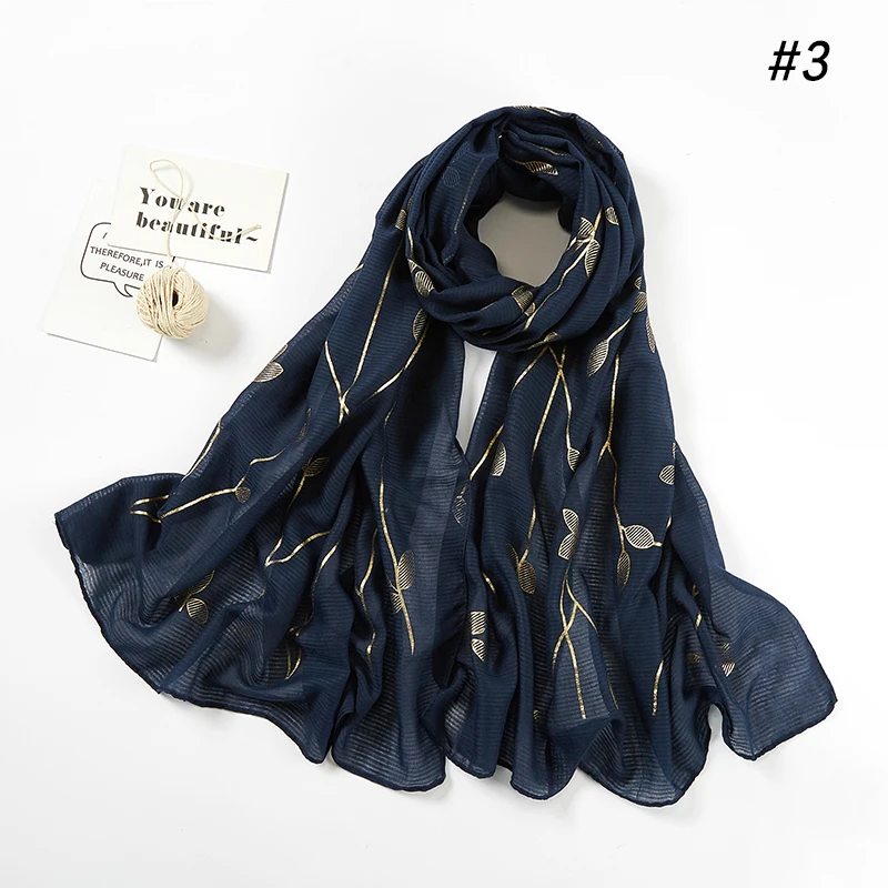 3 navy blue Горячее тиснение золотой лист узор хиджаб шарф популярный с блестками цветочный мусульманский головной убор женская мусульманская вуаль тюрбан длинная шаль - Цвет: 3 navy blue