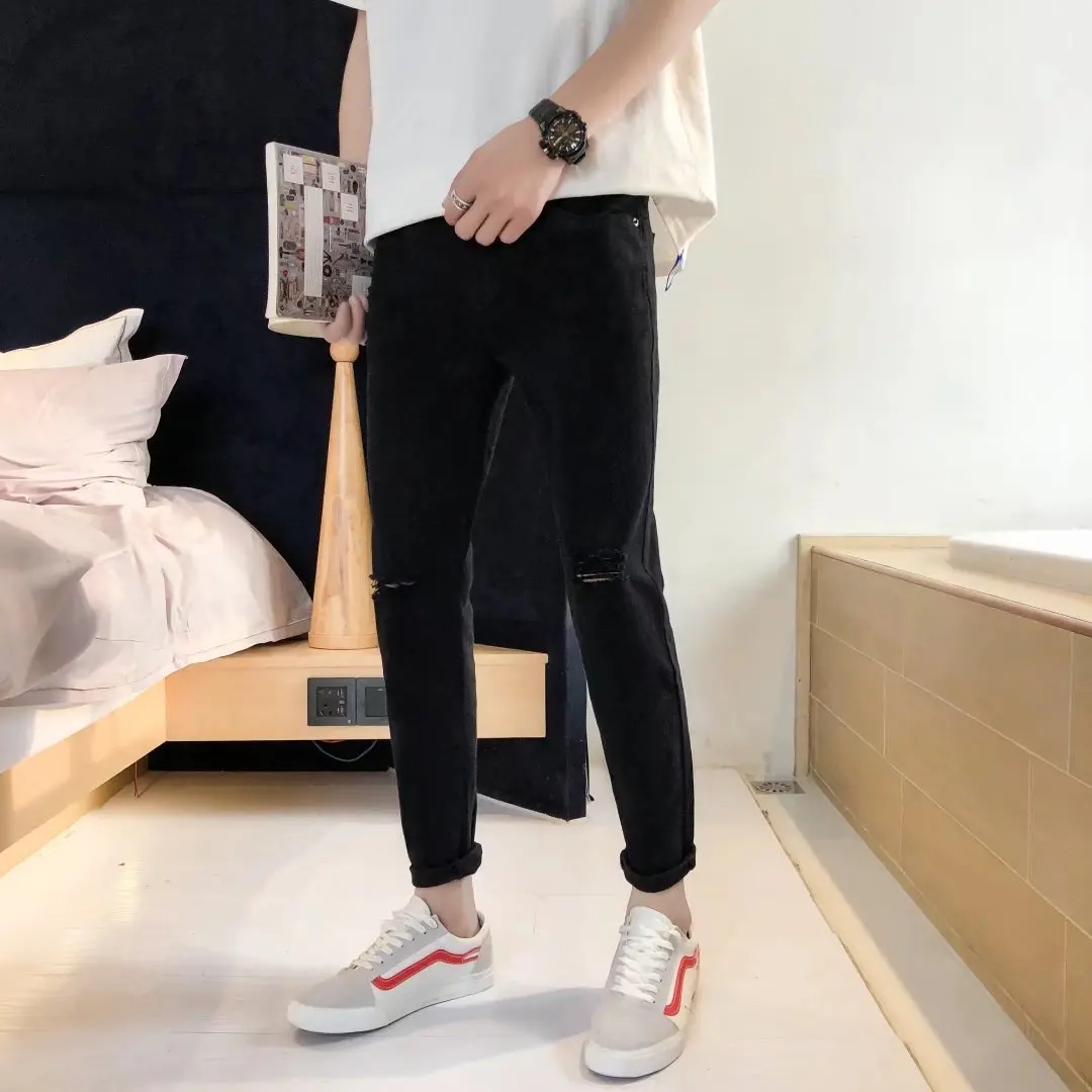 Джинсы мужские с девятью частями трендовые Брюки прорезями по колено штаны в