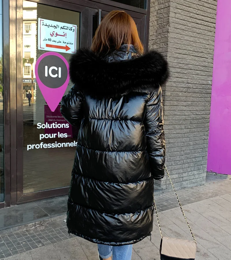 Новинка, женская зимняя куртка, до-20 °C, теплая, утолщенная, с капюшоном, с мехом, длинное пальто, женская, блестящая ткань, стильная, женская, длинная парка