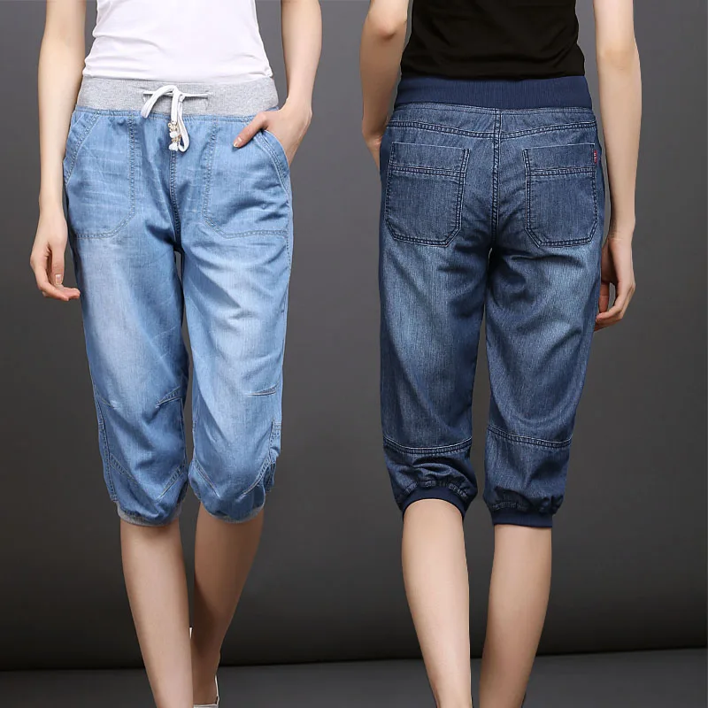  - Plus Size Black Denim Jeans Women's Summer Harem Pants Light Washed Loose Cotton Casual Calf-Length Blue Trousers Women 3XL 4XL