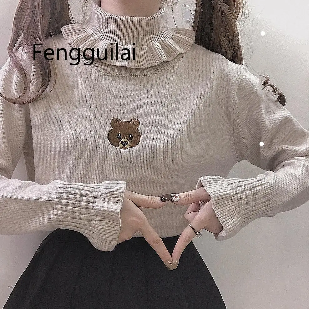 Harajuku Cute Bear Girl Sweater Vintage Knitted High Neck Kawaii Female Pullover Women Turtleneck Ruffle Slim Jumper White Black Harajuku Cute Bear Girl Sweater Vintage Knitted High Neck Kawaii Female Pullover Women Turtleneck Ruffle Slim Jumper White Black