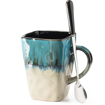 

Ceramic Coffee Mug Creative Flow glaze Coffee Cups With Spoon Continental Tea Set Tea Cup Simple Household Matte Color