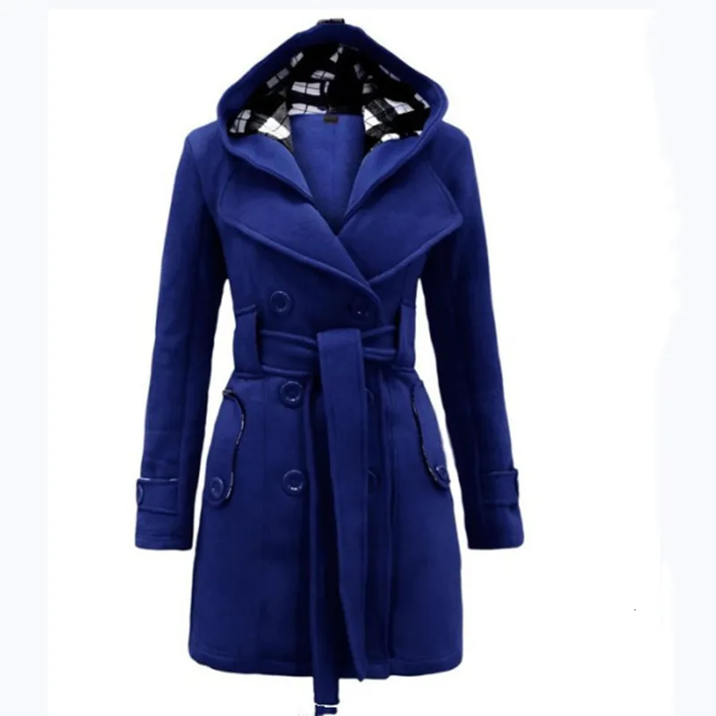 

Women Winter Thick Plaid Hooded Coat With Belt Five Colors Double-Breasted Long Female Jacket Casual Warm