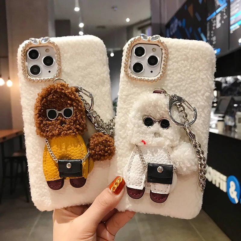 3D Cute Animal Teddy Dog Hair Fur Phone Case For iPhone 11 Pro Max X XR XS 8 7 Plus 6 6s Silicone Cover Metal Hook |