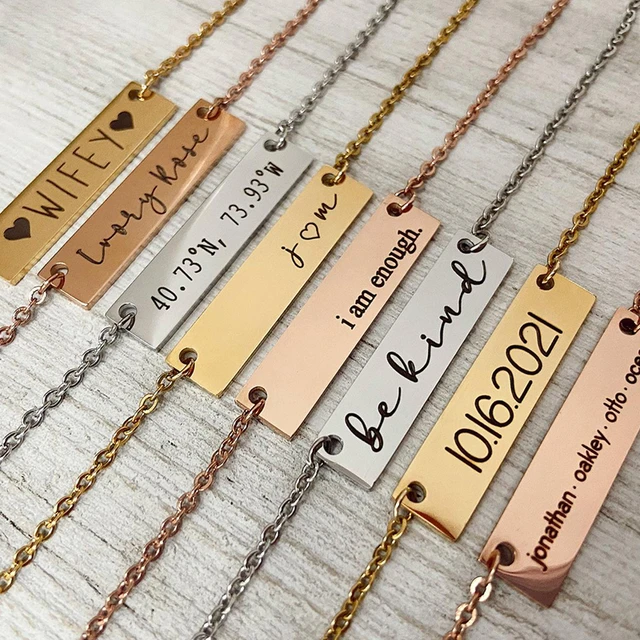 Birth Flower and Birth Stone Engraved Bar Necklace – Love Elle