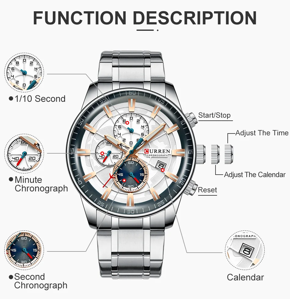 New CURREN Brand Men Watches Chronograph Quartz Watch Men Stainless Steel Waterproof Sports Clock Watches Business reloj hombre