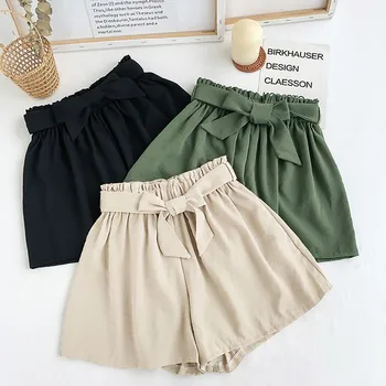 

Hot Summer Casual Shorts Fashion Bow Beach High-waist Shorts Lady Women Solid Color Plus Size Loose Wide Leg Short Pants