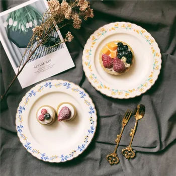 

1pcs Dinnerware Painting Gold Inlay Vintage Colorful Floral 8 Inch Ceramic Plate Dinner Porcelain Cake Snack Dessert Plate