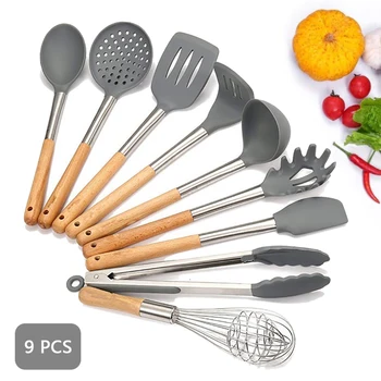 

New 9/10Pcs Kitchen Utensil Set Stainless Steel Wooden Handle Silicone Spatula Cooking Tools Set with Storage Box Kitchen Tools