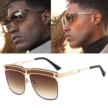 

2020 New Brand Chic Alloy Stripe Lens Men Sunglasses Vintage One Piece Square Gradient Pilot Sun Glasses Male Oculos de s
