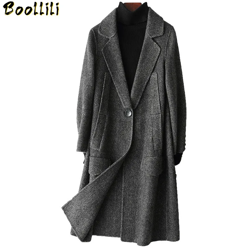 

Boollili 2020 New Spring Autumn Real Wool Coat Women Vintage Casual Print Ladies Long Jacket Coats Elegant Casaco Feminino