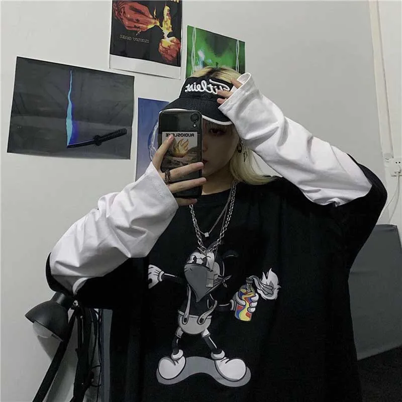 NiceMix Графический панк хип-хоп галстук краситель блок печати негабаритных свободная футболка пуловер женский мужской Корейский Harajuku уличная