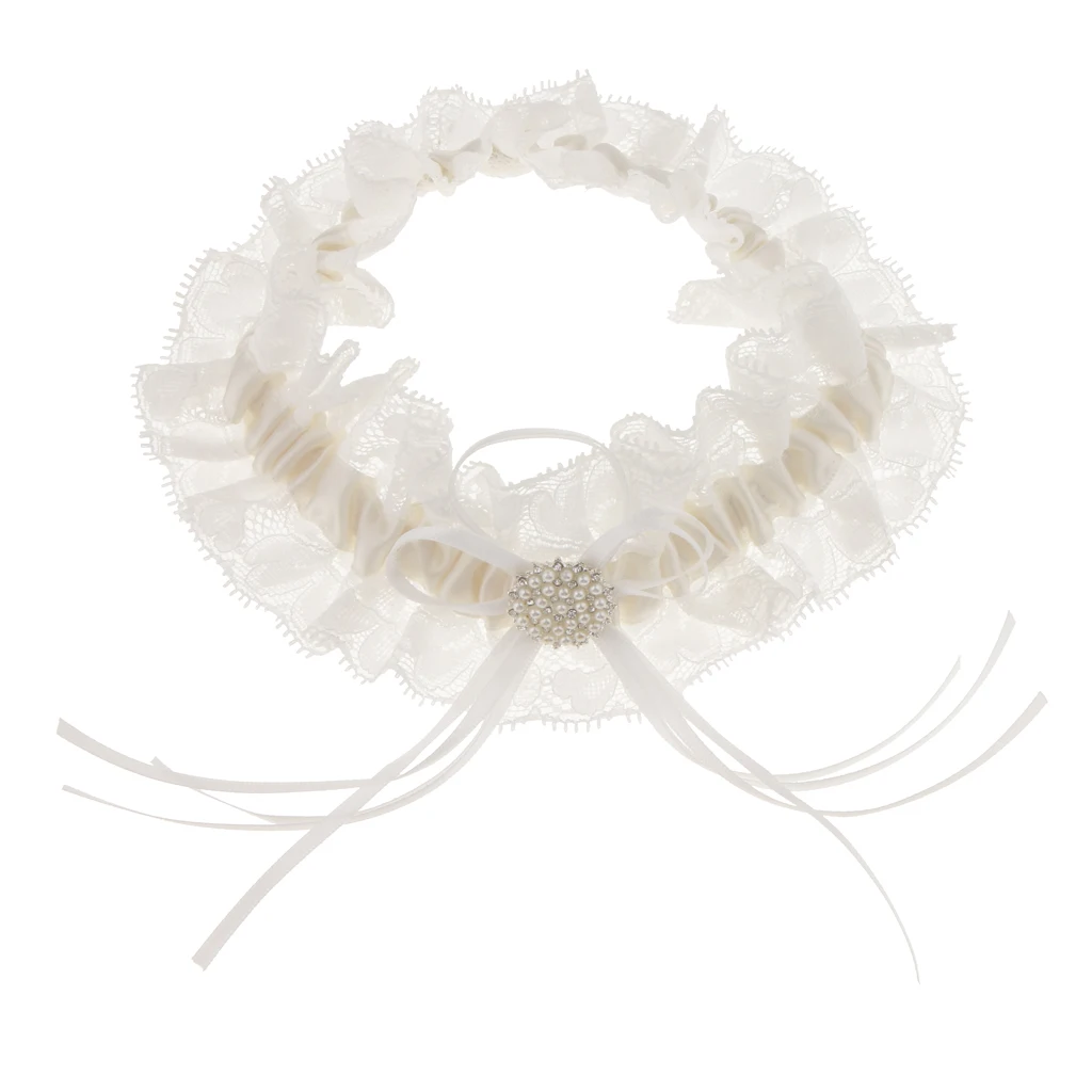 White Lace Bridal Garter with Pearls Bowknot Wedding Bridal Costume Fancy Dress