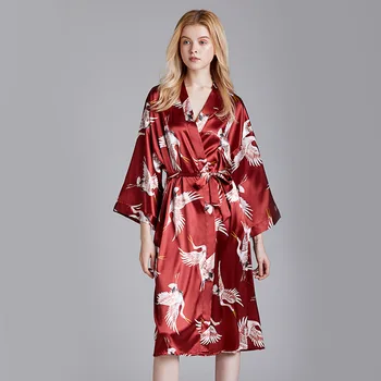 

Rayon Sleepwear Lady Long Sleeve Print Crane Kimono Bathrobe Gown Nightgown Clothes Nightwear Intimate Lingerie Sexy Homewear