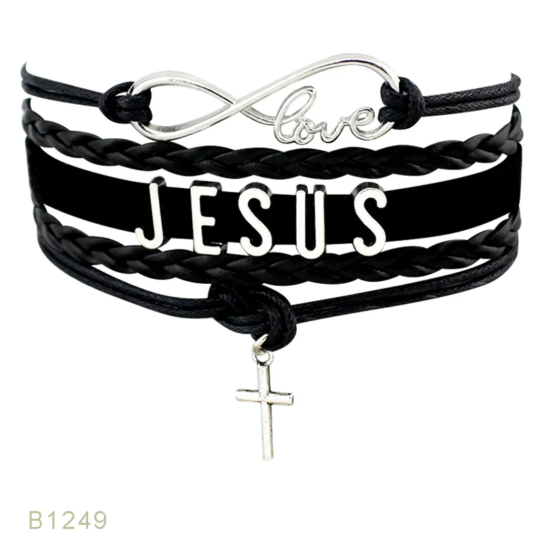 Серебряный вера верить бесстрашный бесконечность любви мужество Иисус любит меня простить Боком христианский крест Кожаные браслеты для Для женщин - Окраска металла: B1249