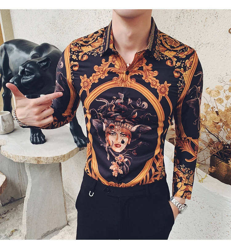 Рубашки в уличном стиле мужская одежда Camisa Homem гавайская рубашка с золотым принтом Мужская рубашка с длинными рукавами и цветочным принтом Мужская рубашка Camisa Masculina