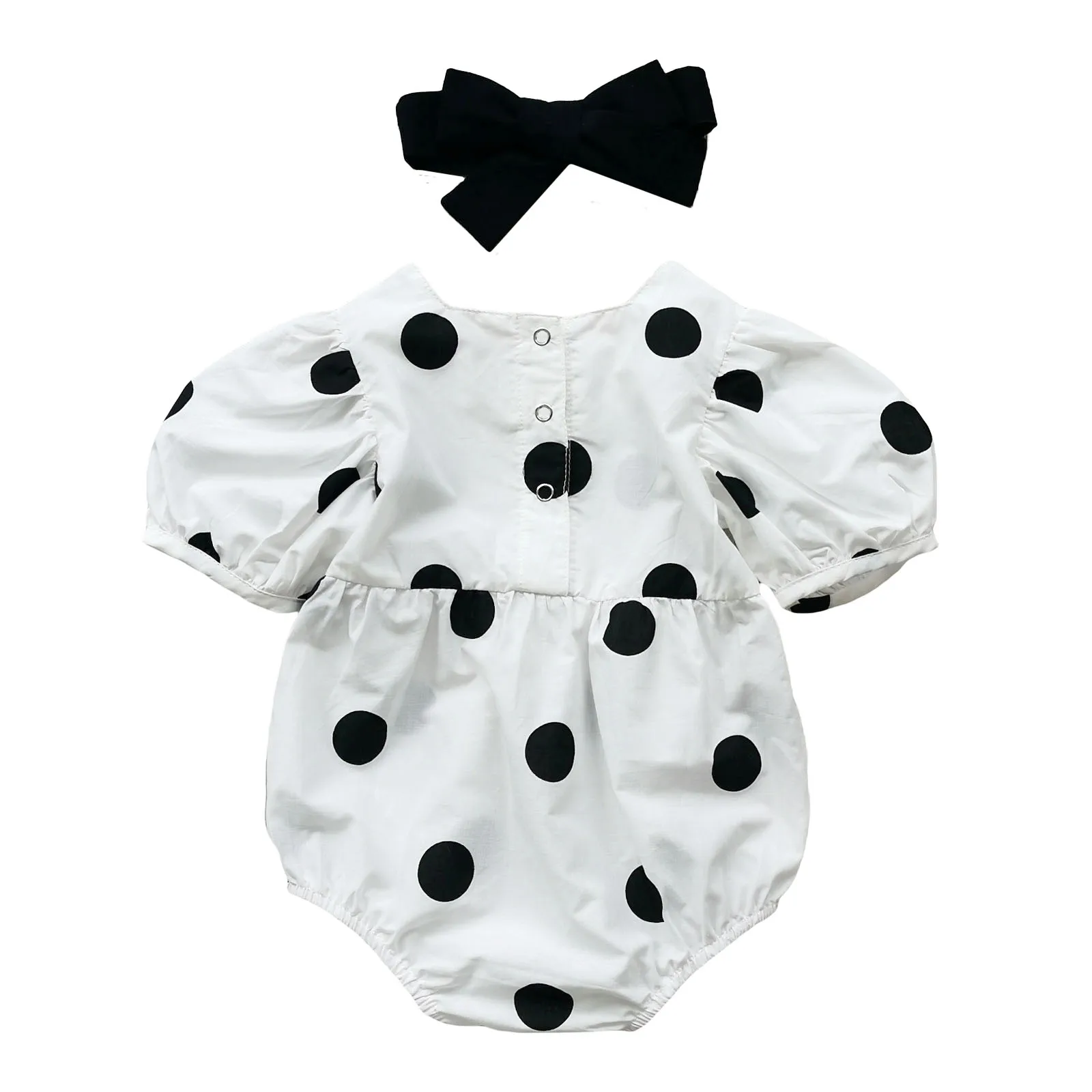 Baby Bodysuit, Baby Clothing-Summer Infant Baby Girls Short Sleeve Bodysuit + Bow Headband Polka Dot Printing Clothing