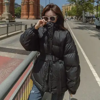 

New winter jacket women's plus size hooded warm women's cotton clothing jacket fashion blue tight waist thick down jacket