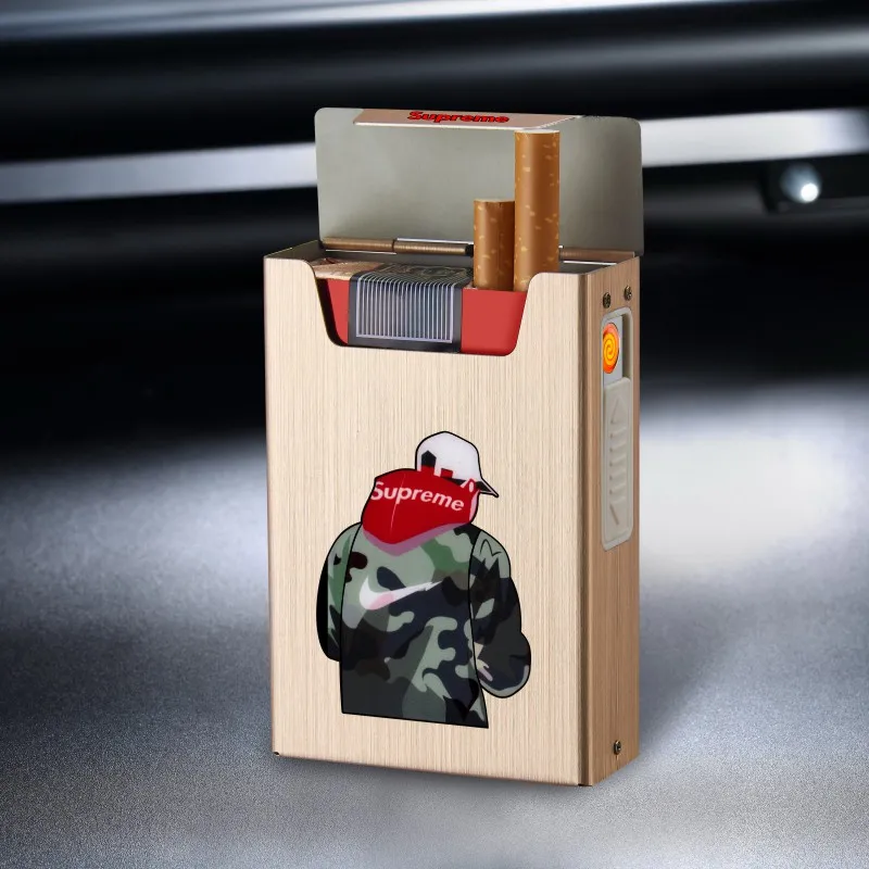 Fashion man Cigarette Case Box Lighter for Smoking Aluminum Alloy USB Rechargeable Lighter Windproof Lighter Case Electronic Gadgets - Цвет: Fashion man