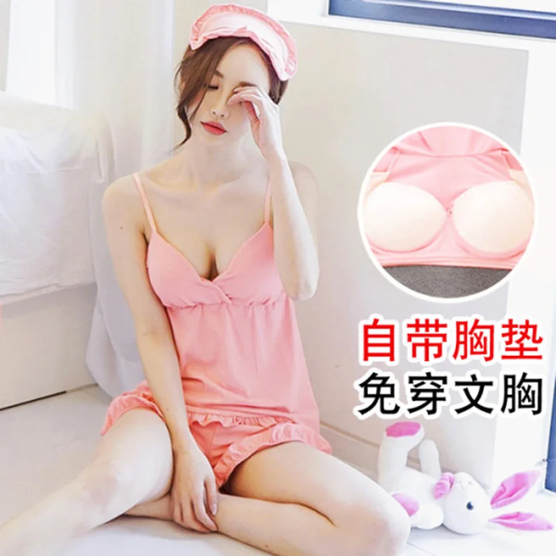 

Spaghetti Strap Pajamas Female Summer Fresh Korean-style with Chest Pad Sexy Sweet Summer Cute Students Home Wear Two-Piece Set