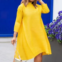 

2021 NEW Women Yellow Spring Dress African Street Fashion A Line Stand Collar Casual Loose Oversize Vestidos Fall Midi Dresses