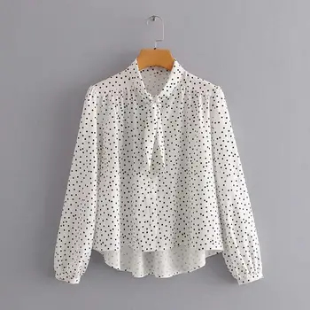 

Women Fashion Bow Collar Polka Dot Print Casual Loose Smock Shirts Blouses Ladies Long Sleeve Roupas Femininas Chic Tops